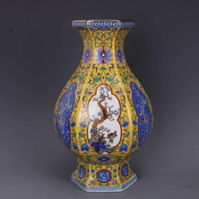 清乾隆琺瑯彩蒔金花鳥花瓶 景徳鎮 陶磁器 装飾品 現代工芸品 美術品