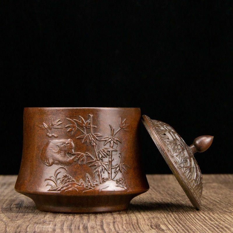 パンダ文竹薫香炉 香道具　蓋置 工芸品 美術品 置物 パンダ文竹薫香炉 香道具 蓋置 工芸品 美術品 置物 銅製 パンダ