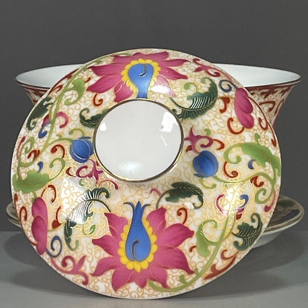 中国茶器 粉彩花卉図紋三才蓋碗