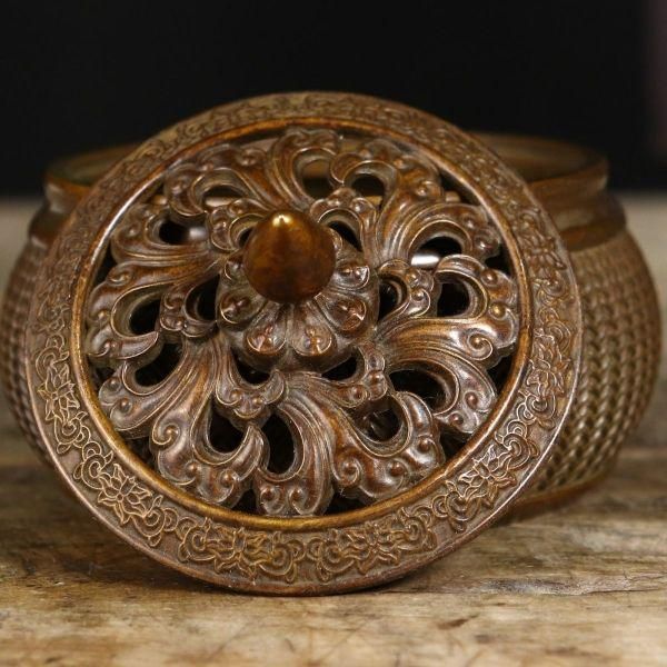 銅器 重工 彫刻 獅環耳独角鼓面薫香炉 工芸品 美術品 置物 高岡銅器 香炉 | 玉型孔雀 彩色 | 銅 | 喜泉堂