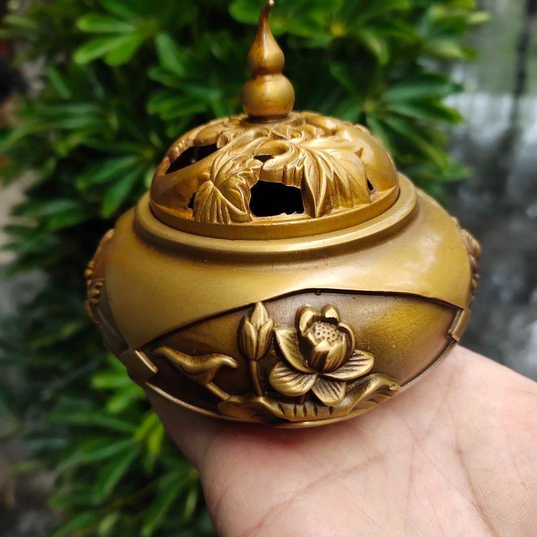 銅 細工 四季花瓢簞蓋香炉 銅製 茶道具 香道具 工芸品 美術品 置物 銅 細工 四季花瓢?蓋香炉 銅製 茶道具 香道具 工芸品 美術品 置物