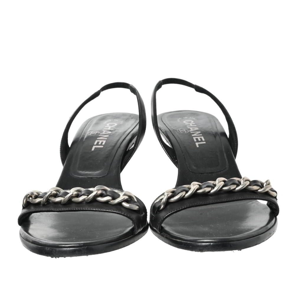 CHANEL チェーン付き レザー ヒール サンダル - メルカリ