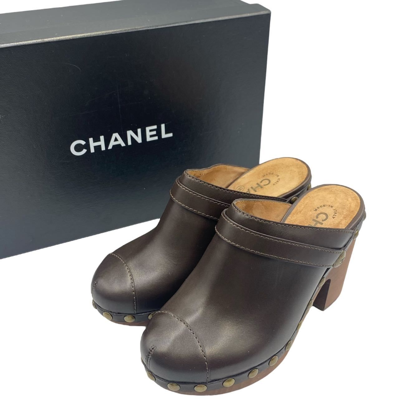 美品 CHANEL シャネル サンダル サボクロッグヒール レザー ココマーク 