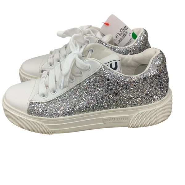 ○ ミュウミュウ MIU MIU スニーカー グリッター厚底 シルバー色 白 本