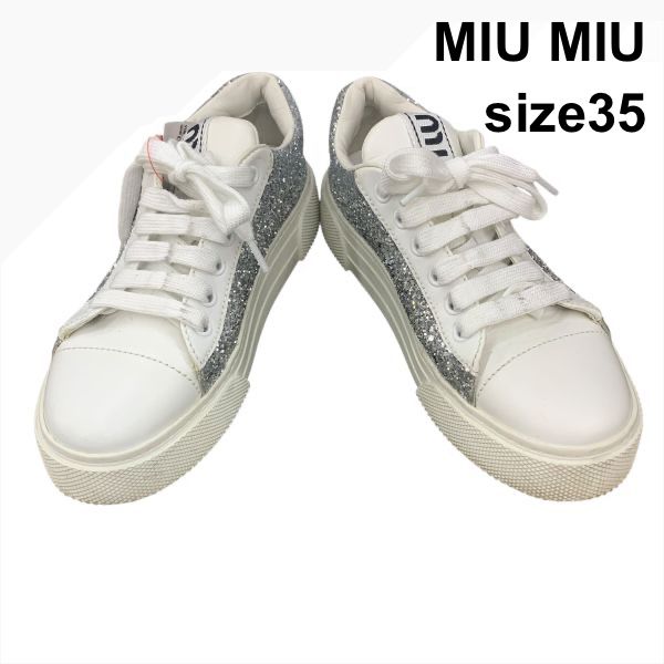 ○ ミュウミュウ MIU MIU スニーカー グリッター厚底 シルバー色 白 本