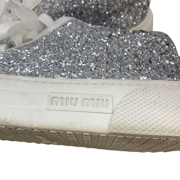 ○ ミュウミュウ MIU MIU スニーカー グリッター厚底 シルバー色 白 本