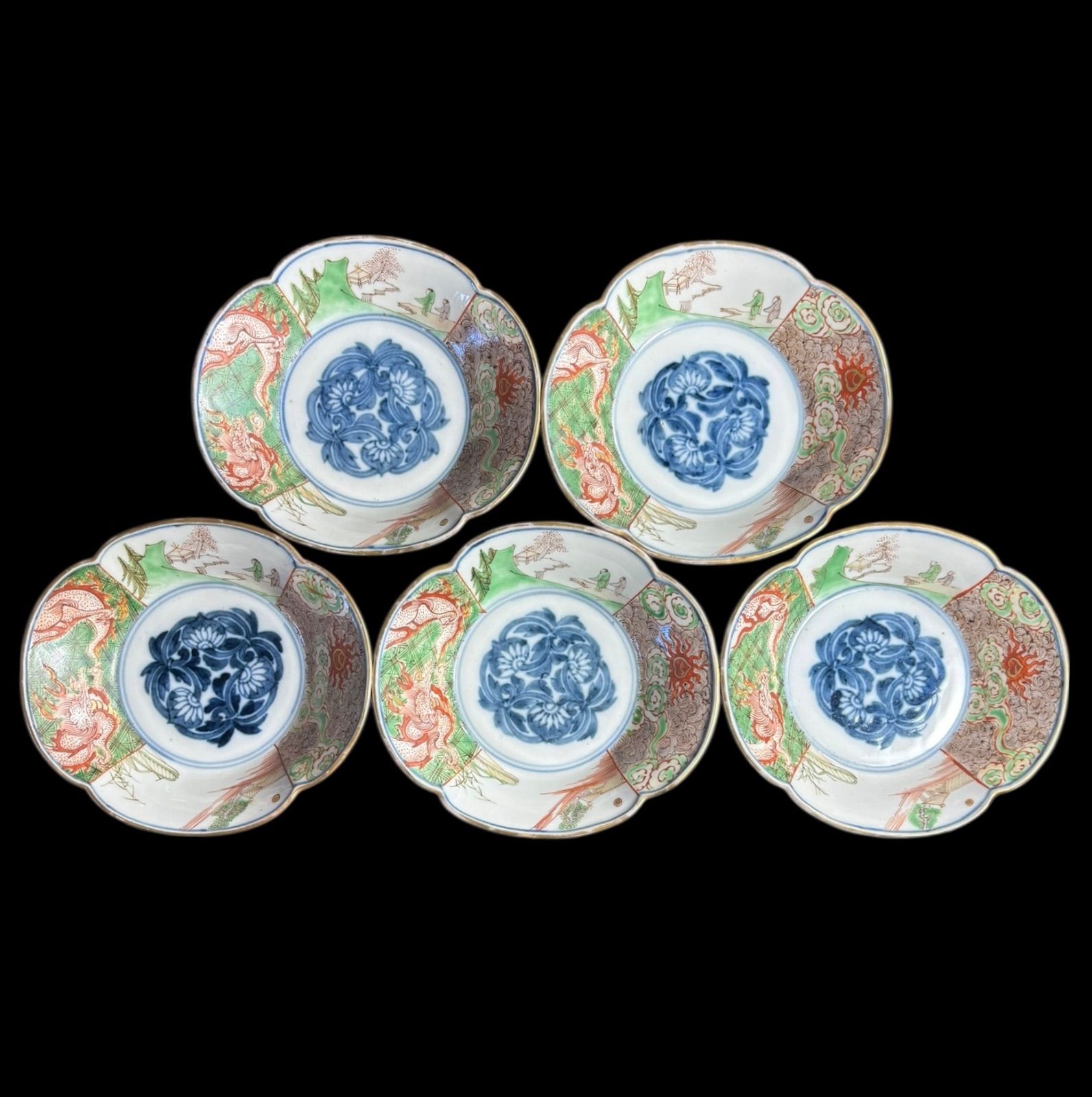 5客セット】古伊万里 金彩 小皿 龍風景文図 色絵 向付 銘々皿 時代物