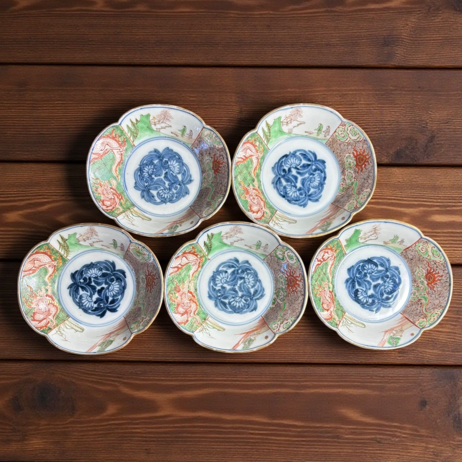 5客セット】古伊万里 金彩 小皿 龍風景文図 色絵 向付 銘々皿 時代物