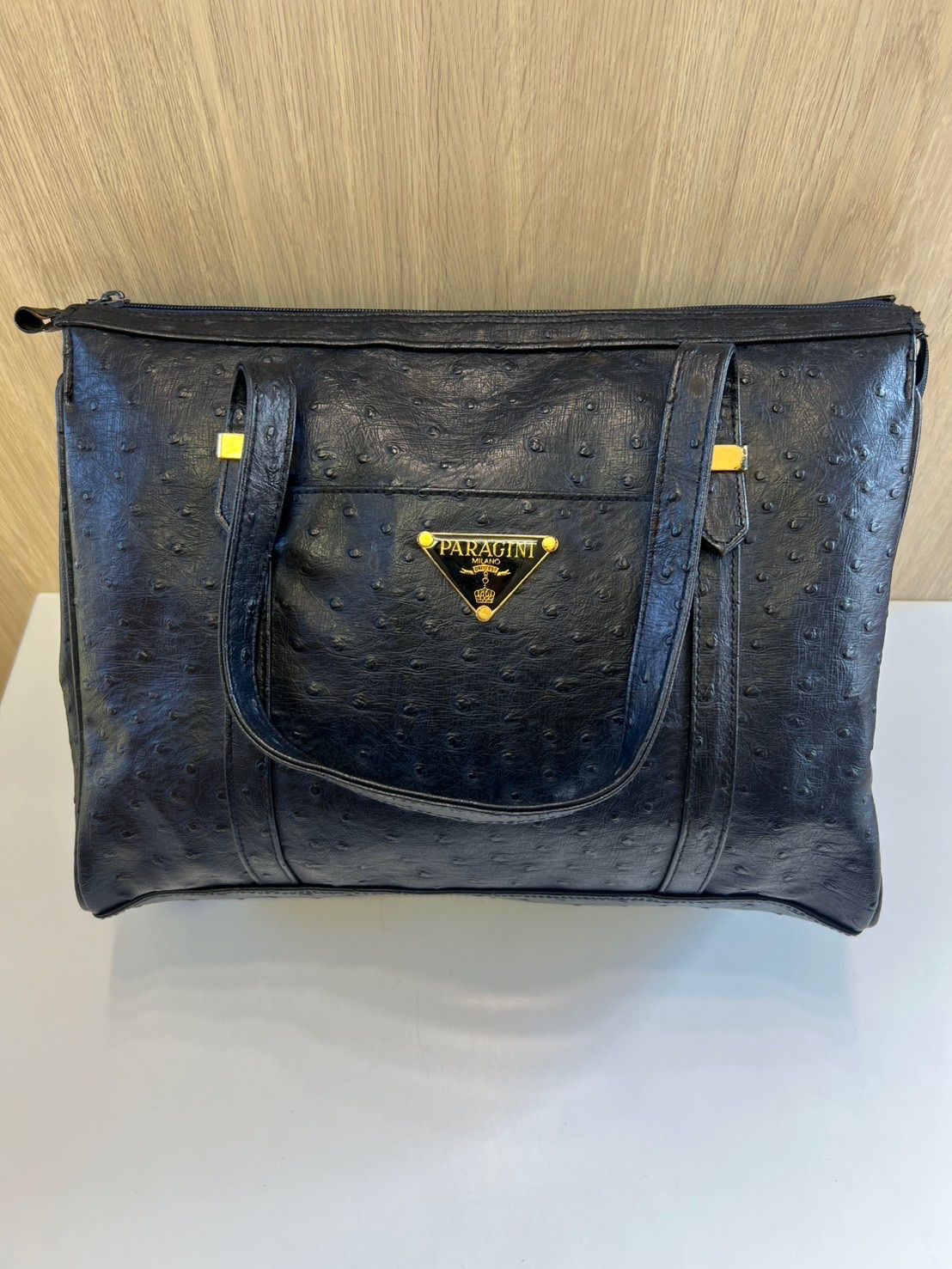 品】 PARAGINI MILANO オーストリッチ 型押し ハンドバッグ 黒
