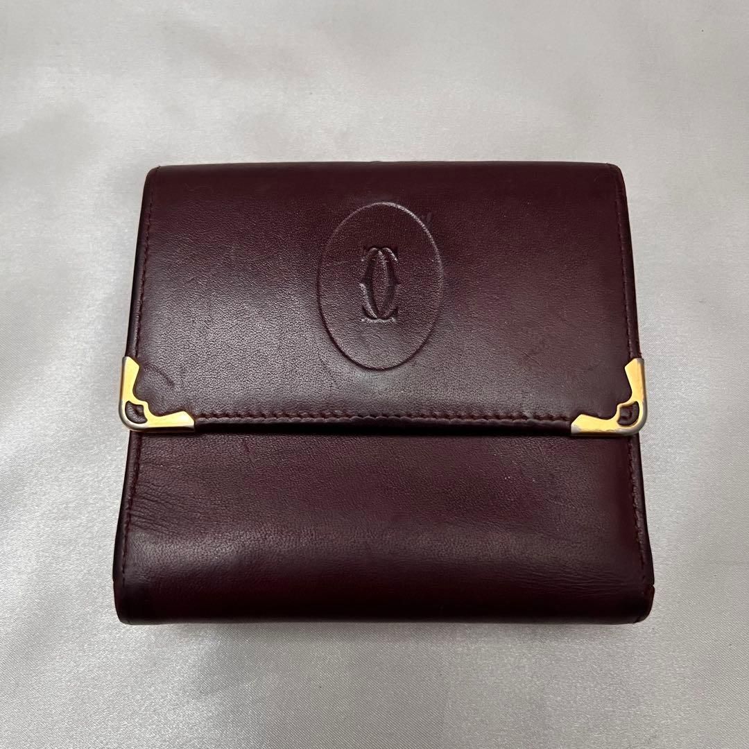 ◇美品◇カルティエ マストライン コンパクト財布 ボルドー×ゴールド