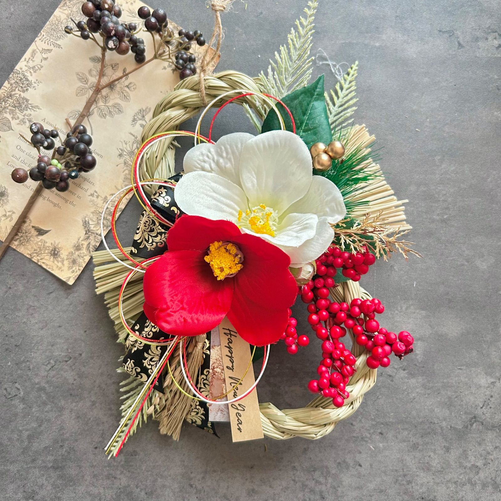 9 い草 紅白椿の八の字しめ縄リース お正月飾り 玄関リース