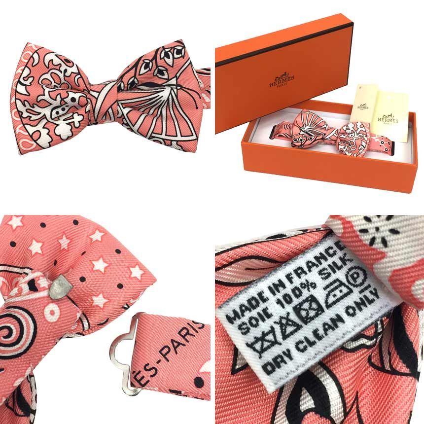 未使用 HERMES エルメス ヌー・パピヨン 蝶ネクタイ 花咲く織物 ピンク