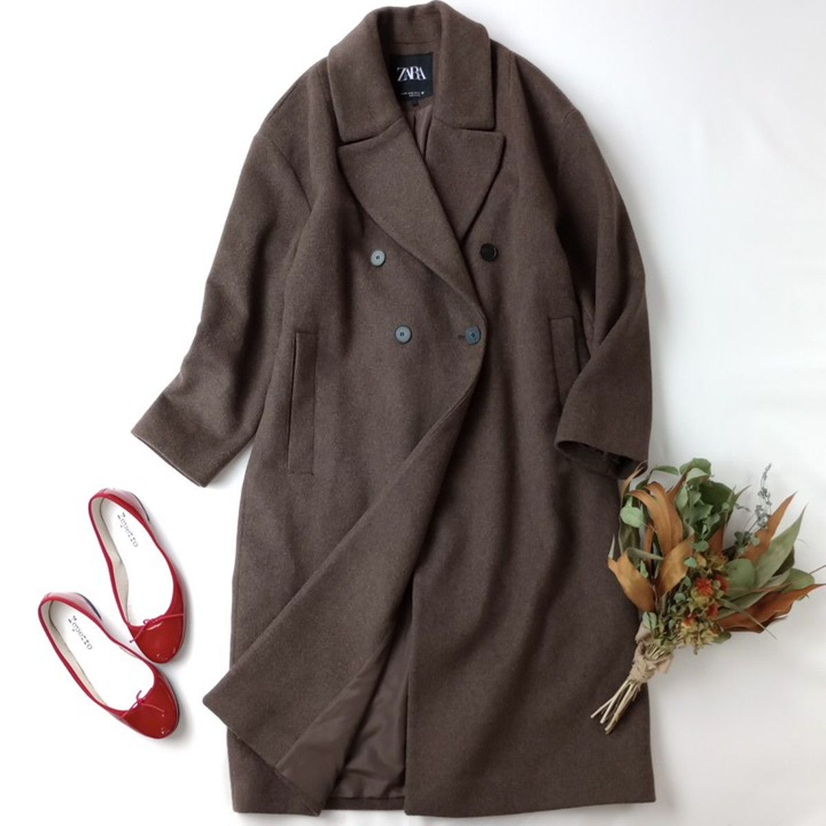 お値下げ‼️ZARA ブラウン ダブルブレストコートオーバーサイズ ZARA ザラ ダブルブレスト オーバーコート ウール混 アウター 羽織