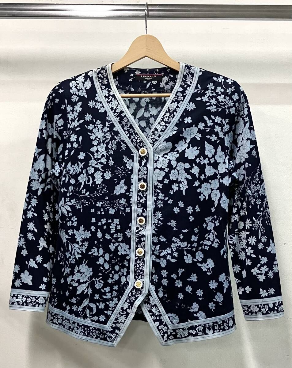 LEONARD レオナール 長袖カーディガン サイズM ネイビー 総柄 花柄 綿