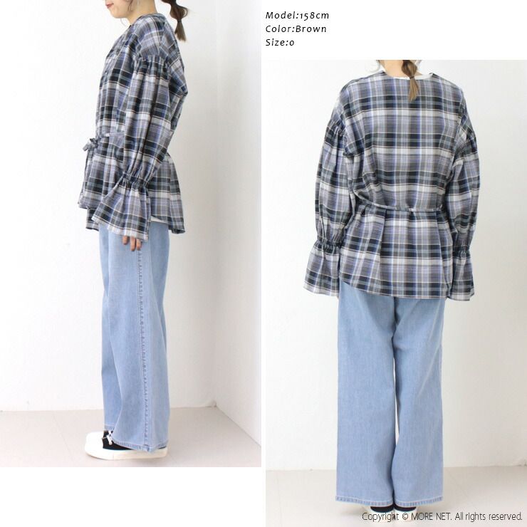 50%OFF] マノン MANON バルーンスリーブチェックカーディガンブラウス