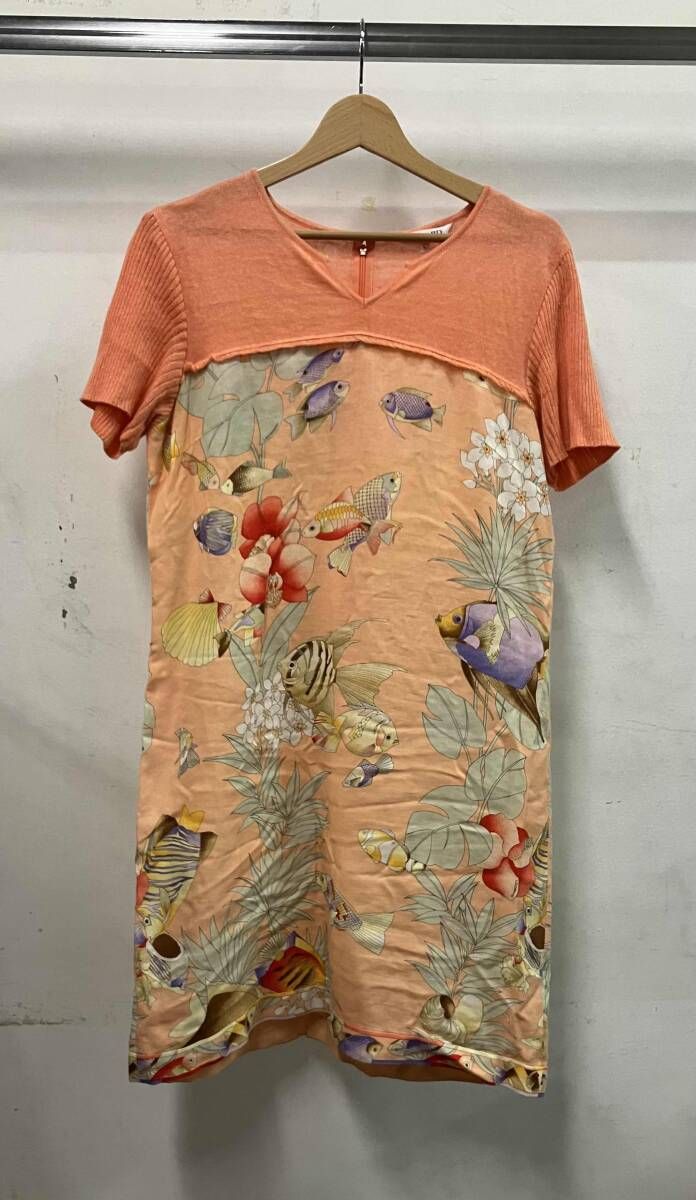 LEONARD レオナール 魚柄 総柄 半袖ワンピース サイズL オレンジ