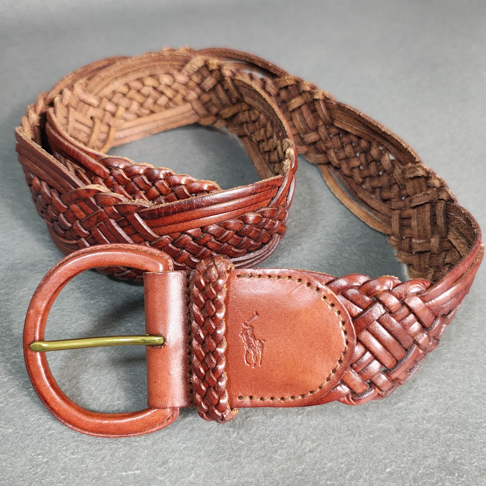 LAUREN 編み込みレザーベルト Mサイズ Ralph Laurenラルフローレン Mサイズ 編み込みベルト ブラウン