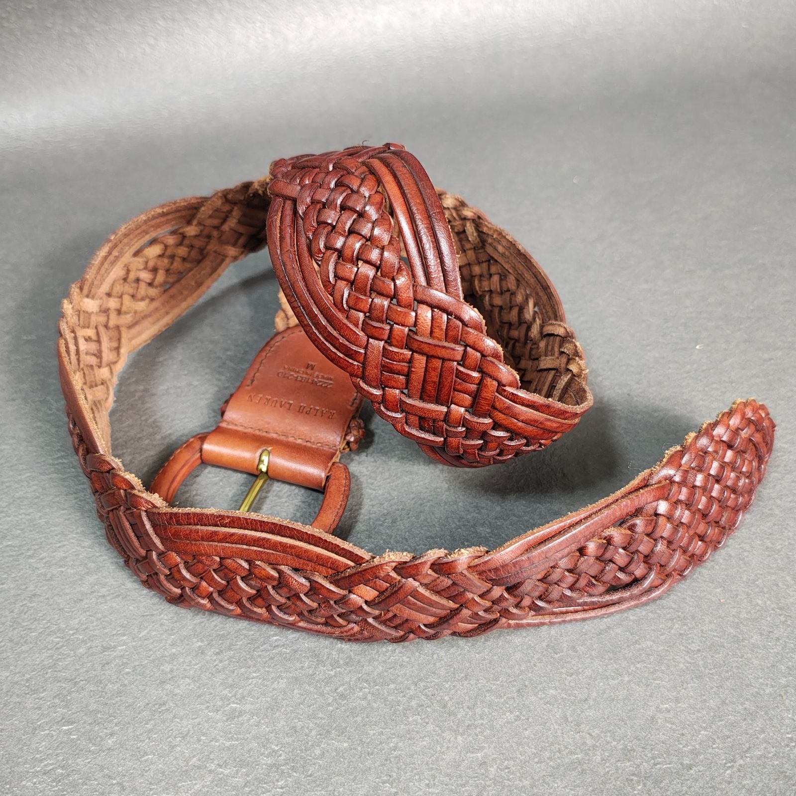 LAUREN 編み込みレザーベルト Mサイズ Ralph Laurenラルフローレン Mサイズ 編み込みベルト ブラウン