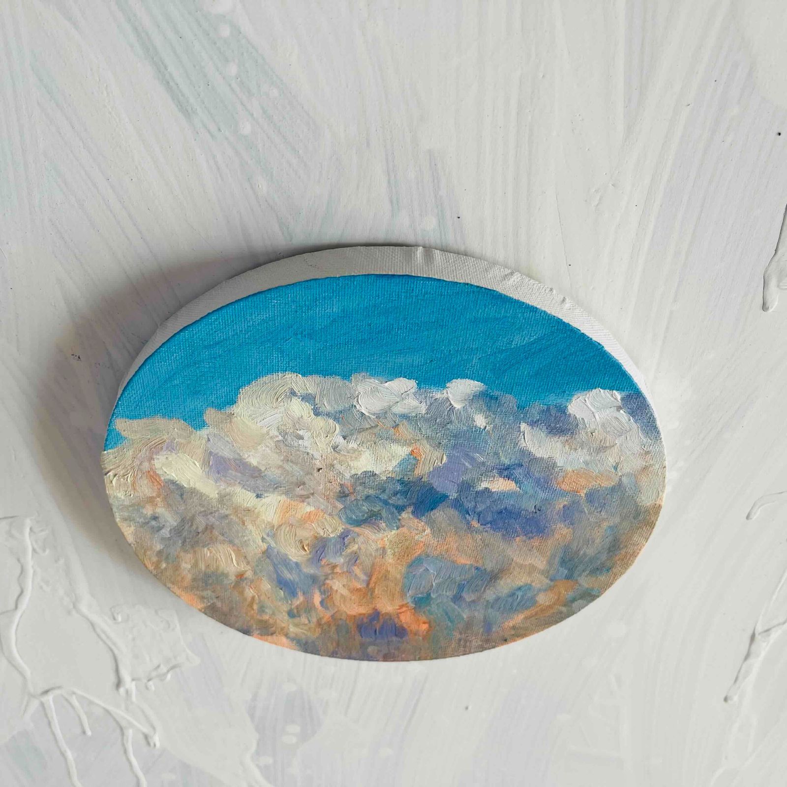 直径25㎝「画家の家の上空２」油彩・絵画・原画・丸形・アートパネル 直径25㎝「画家の家の上空2」油彩・絵画・原画・丸形・アートパネル