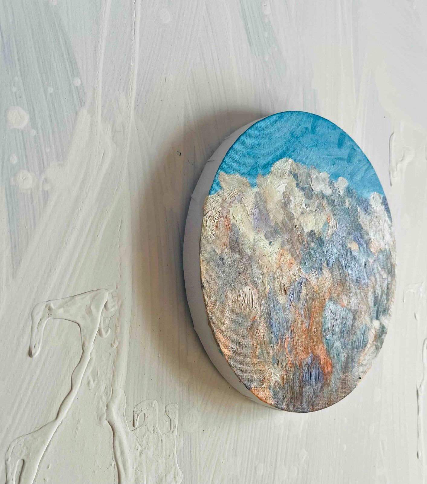 直径30㎝「画家の家の上空１」油彩・絵画・原画・丸形・アートパネル 直径30㎝「画家の家の上空1」油彩・絵画・原画・丸形・アートパネル