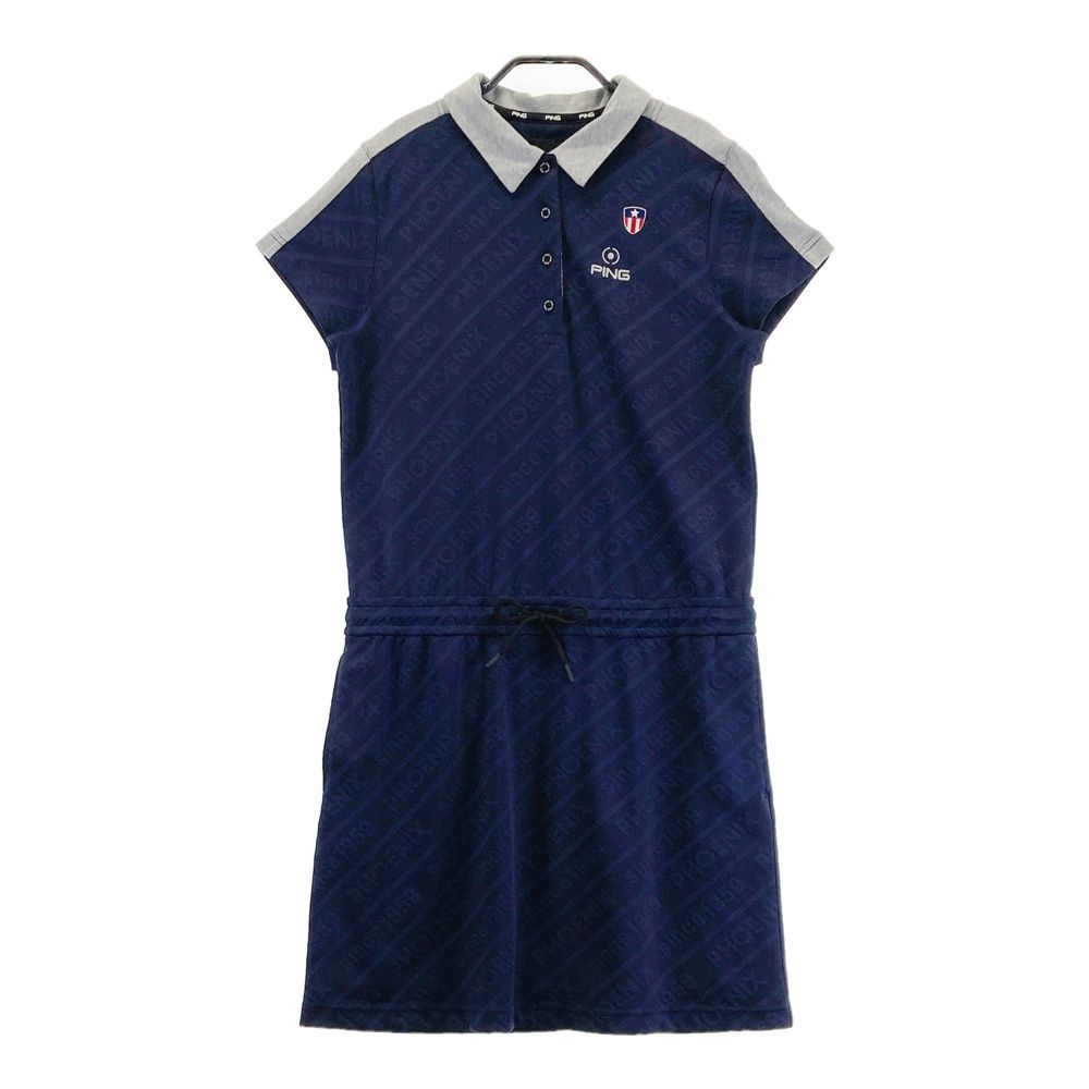 サイズ：L PING ピン 半袖ワンピース ロゴ総柄 ネイビー系