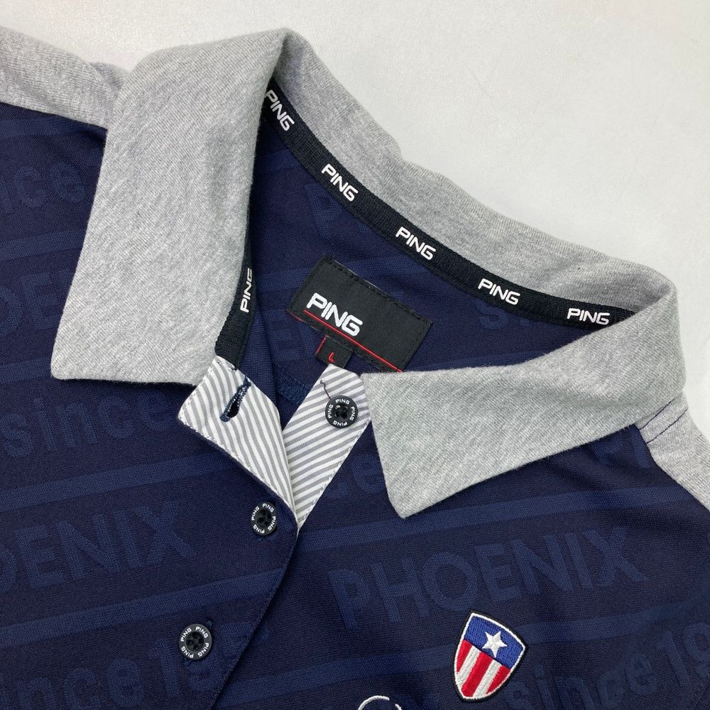 サイズ：L PING ピン 半袖ワンピース ロゴ総柄 ネイビー系