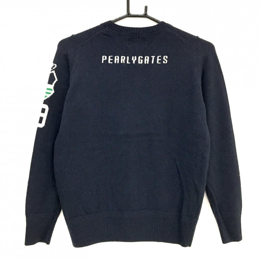 美品】パーリーゲイツ セーター ネイビー×白 袖ロゴ カシミヤ混 ニット
