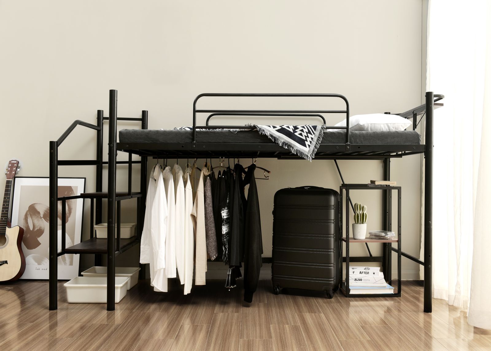 30％OFF！ロフトベッド パイプベッド サイド棚付き（S）BLACK 30％OFF