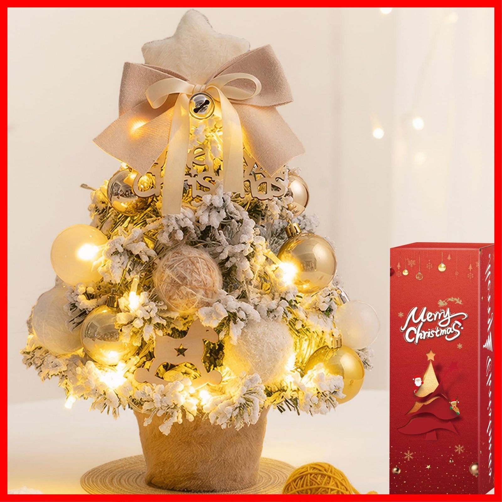 即発送】クリスマスプレゼント かわいい 置物 飾り 小さめ DIY クリスマス飾り 卓上クリスマスツリー ギフト 北欧 雪化粧 おしゃれ 飾りつけ  イルミネーション 2025新登場】 ギフトボックス付 ベージュー 電池式 【LEDライト付き 35cm ツリー, image size:1600x1600