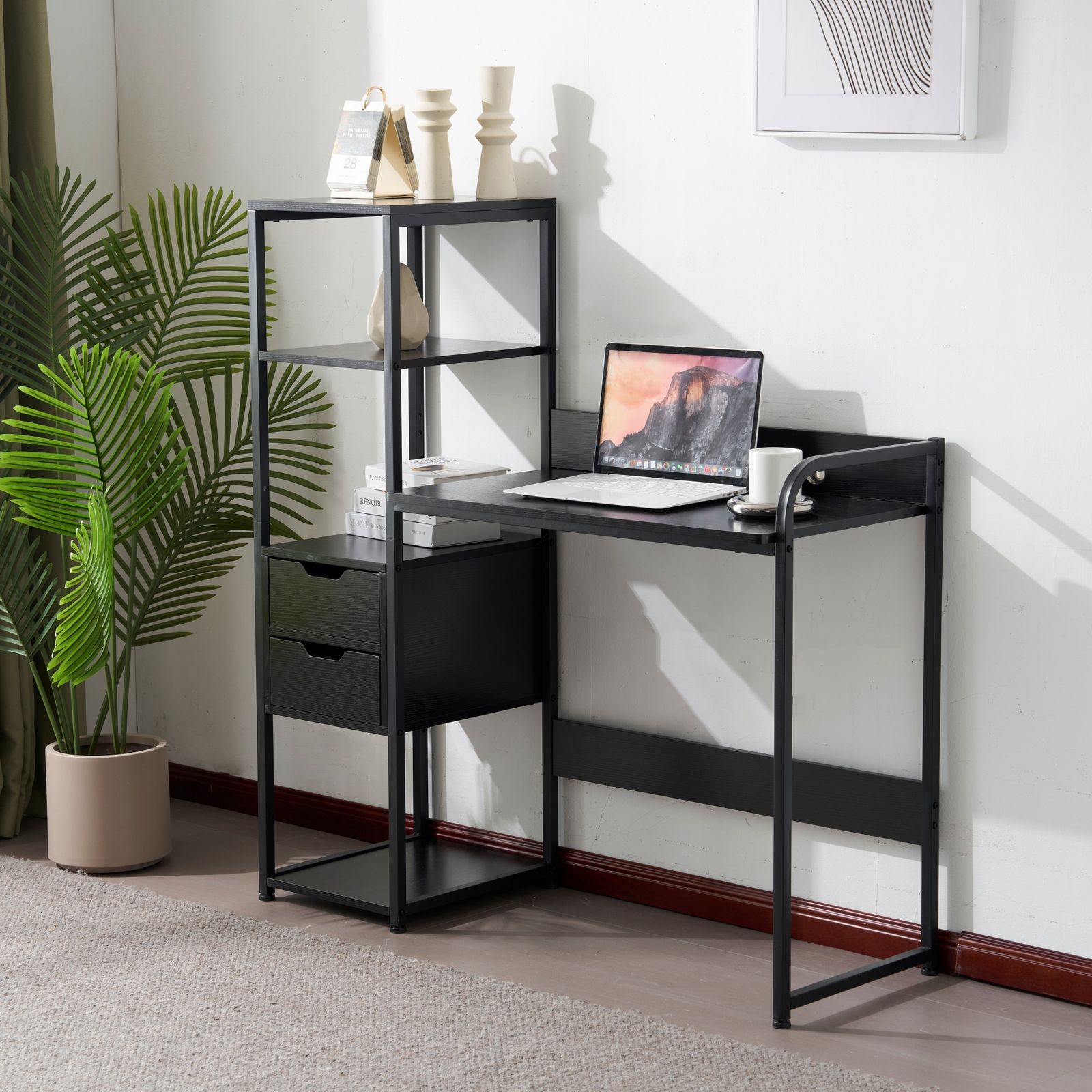 【ホワイト】パソコンデスク 引き出し付き　3段シェルフ付 パソコンデスク 木製 楽天市場】パソコンデスク 引き出し付き pcデスク 3段シェルフ付