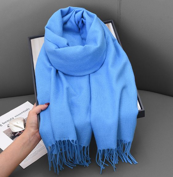 レイクブルー】レディース マフラー 大判 ストール フリンジ 防寒 厚手