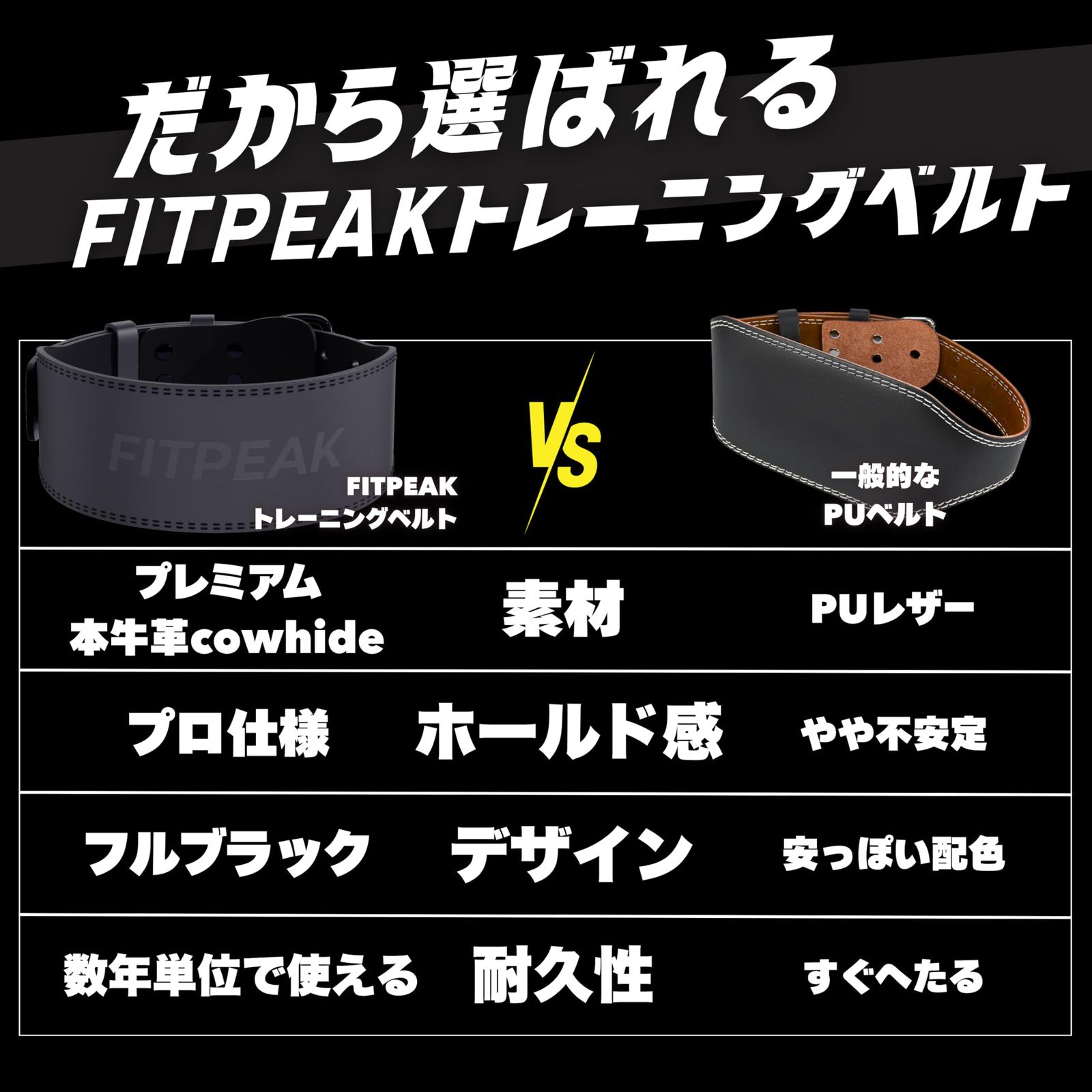 FITPEAK トレーニングベルト 【プロ仕様の本牛革】 パワーベルト 筋トレ 腰 ベルト ウェイトリフティング フルブラック Lサイズ