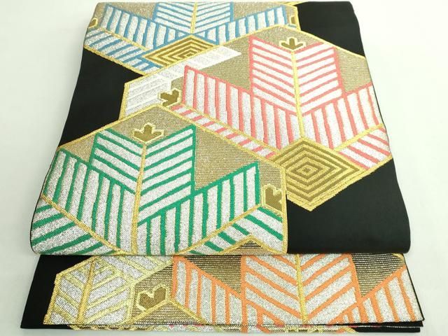 平和屋着物□極上 西陣 川島織物 六通柄 本袋帯 亀甲松葉 黒地 金銀糸