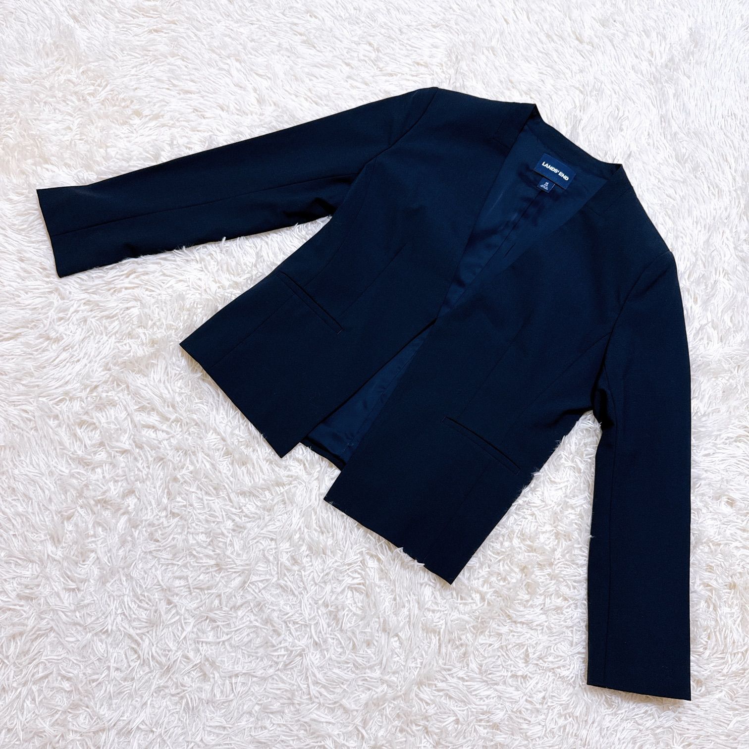LANDS END ランズエンド ノーカラー ジャケット ウール混 ネイビー 13