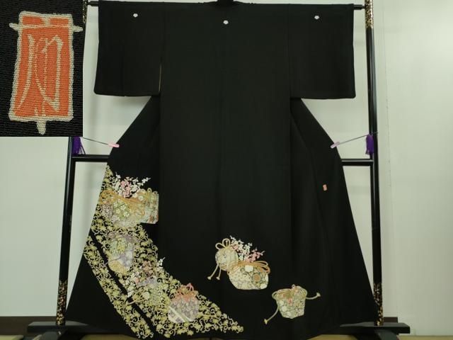 平和屋着物■極上　本加賀友禅作家　柿本市郎　黒留袖　仕覆花文　逸品　DZAB1645kh5 平和屋着物□極上 本加賀友禅作家 柿本市郎 黒留袖 仕覆花