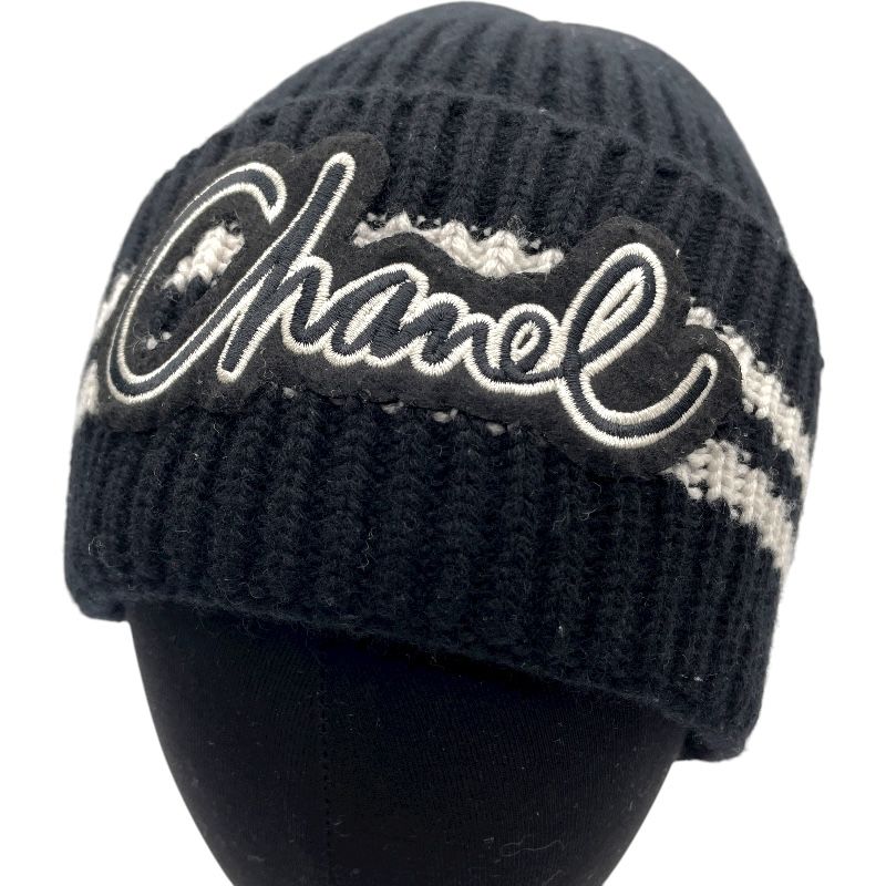 シャネル CHANEL ロゴワッペンニットキャップ ブラック カシミヤ