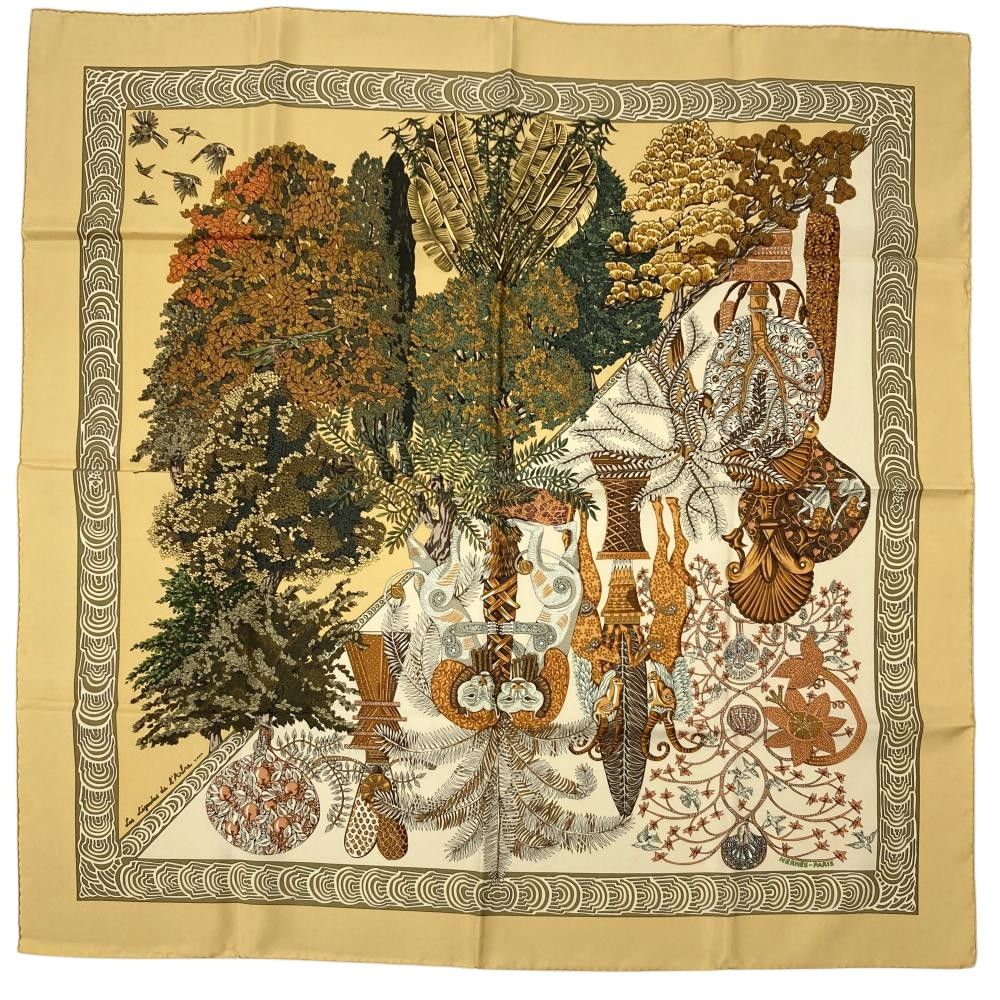 エルメス　シルク　カレ90 スカーフ　LES COUPES ブラウン エルメス HERMES カレ90 Les Legendes de l'Arbre 木の伝説 スカーフ