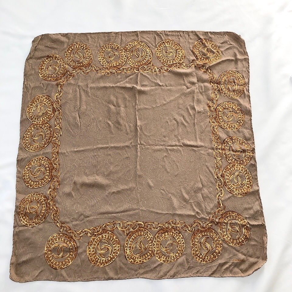 CHANEL シャネル 大判スカーフ ココマーク チェーン ストール ブラウン