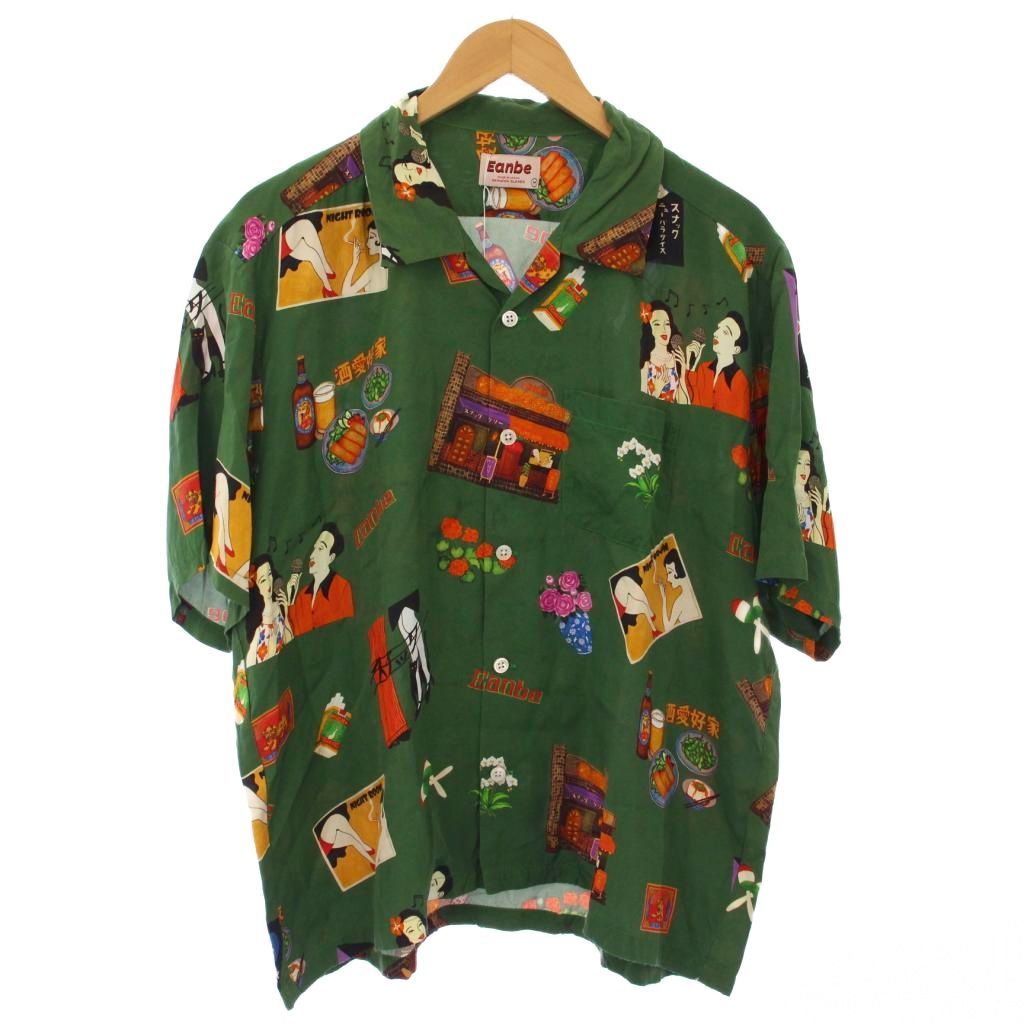 イアンべ Eanbe SNACK LILY / MOSS GREEN アロハシャツ 半袖 総柄 M 緑