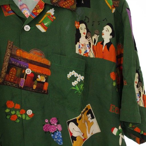 イアンべ Eanbe SNACK LILY / MOSS GREEN アロハシャツ 半袖 総柄 M 緑