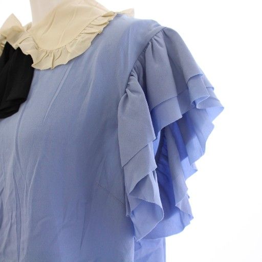 グッチ GUCCI 17年製 ブラウス シルク 半袖 フリル 44 青 白 476149