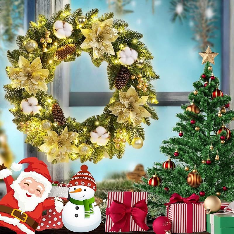 nicojoy クリスマスリース 玄関ドア用 直径40cm LEDライト付き