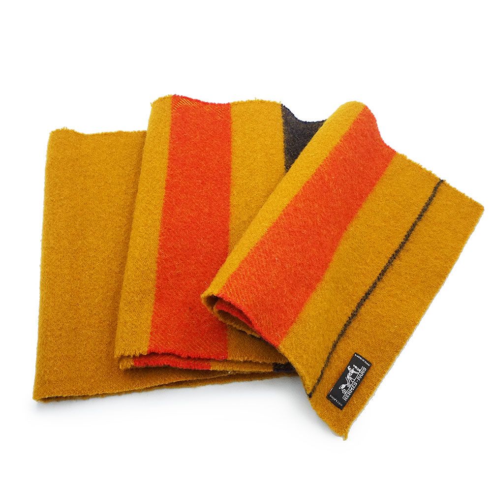 エルメス ロカバール マフラー ウール100％ マスタードイエロー レッド