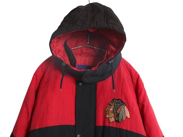 90s ブラックホークス フード 付き 中綿 ナイロン ジャケット メンズ XL / オールド NHL オフィシャル プロプレイヤー スタジャン パーカー お得なクーポン配布中!】 90s ブラックホークス フード 付き 中綿