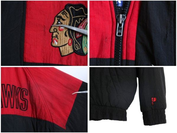 90s ブラックホークス フード 付き 中綿 ナイロン ジャケット メンズ XL / オールド NHL オフィシャル プロプレイヤー スタジャン パーカー お得なクーポン配布中!】 90s ブラックホークス フード 付き 中綿