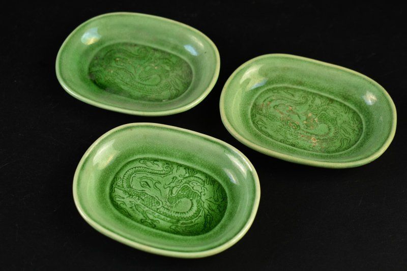 蔵A5121f】珉平焼 淡路焼 緑交趾 龍図 小判型皿 三客 民平 - メルカリ