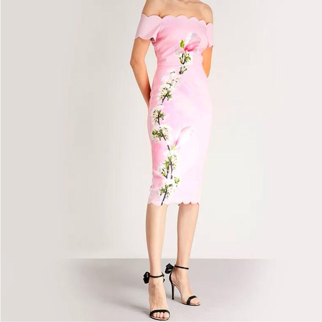 Ted Baker フラワープリントタイトドレス ロング丈 さくらピンク 1