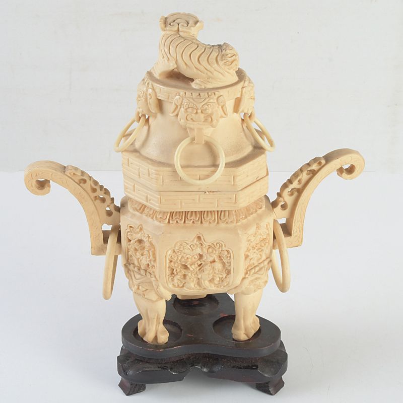 中国 練物彫刻 雙耳活環 獅子鈕蓋爐 香炉 唐木台付 N S365 - メルカリ