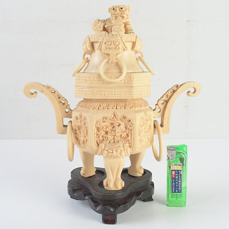 中国 練物彫刻 雙耳活環 獅子鈕蓋爐 香炉 唐木台付 N S365 - メルカリ