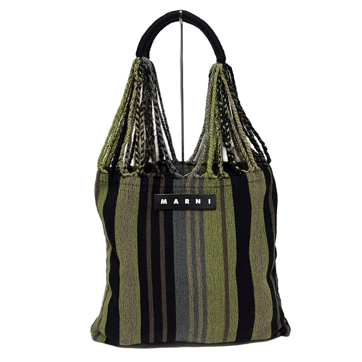 MARNI(マルニ) トートバッグ美品 - カーキ×黒×マルチ ストライプ 